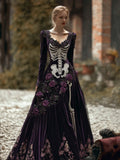 Comstylish Women's Halloween Skeleton And Wild Rose Gothic Velvet Elegant V-neck Dress
