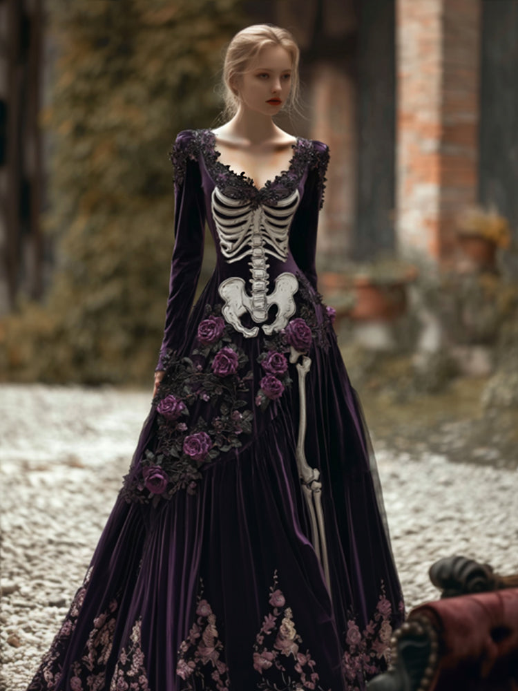 Comstylish Women's Halloween Skeleton And Wild Rose Gothic Velvet Elegant V-neck Dress