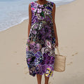 Women's Beaded Flower Butterfly Art Print Crew Neck Tank Midi Dress artswardrobe