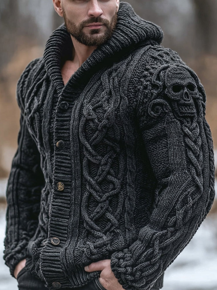 Men's Vintage Skull Celtic Chunky Cozy Hooded Cardigan artswardrobe