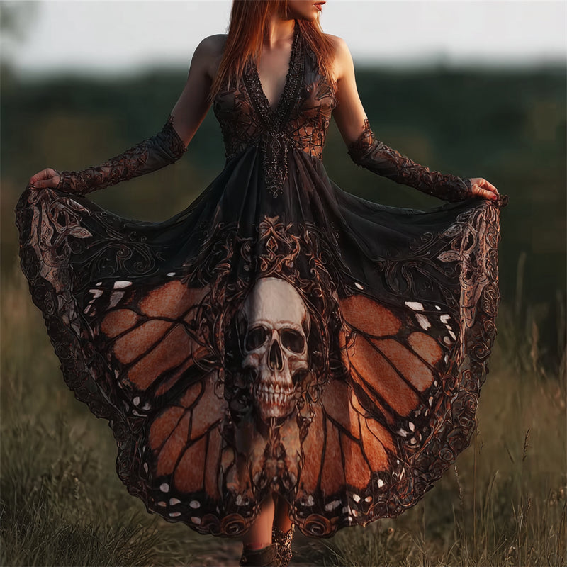 Comstylish Vintage Mystical Skull Butterfly Flowy Wide Skirted Dress