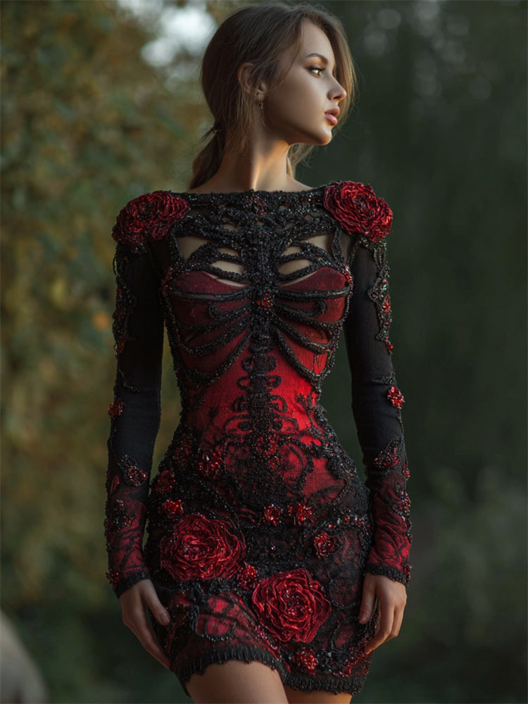 Comstylish Gothic Dark Skeleton Red Roses Beaded Comfy Mini Dress