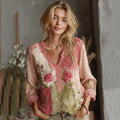 Comstylish Love & Health Collection Retro Western Women Style Vintage Rose And Floral Patchwork Art Casual V Neck Linen Shirt