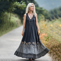 Retro Boho Floral Embroidery Art Sleeveless Linen Maxi Dress artswardrobe