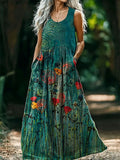 Women's Floral Art Print Round Neck Sleeveless Cotton Pocket Dresses