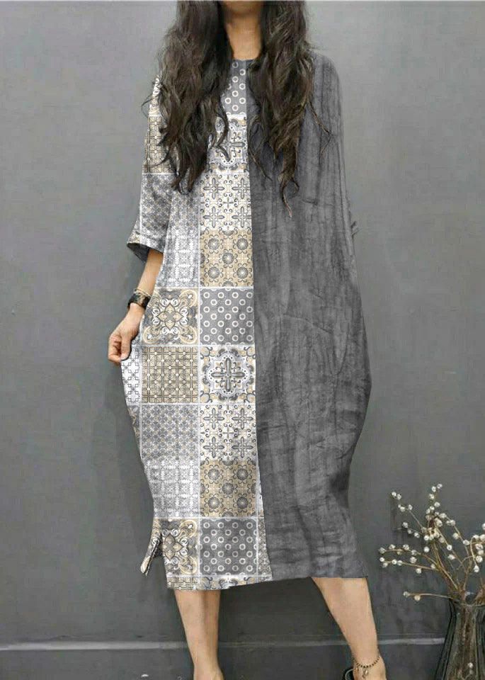 Green Text O-neck Wrinkled Side Open Linen Long Dress Batwing Sleeve