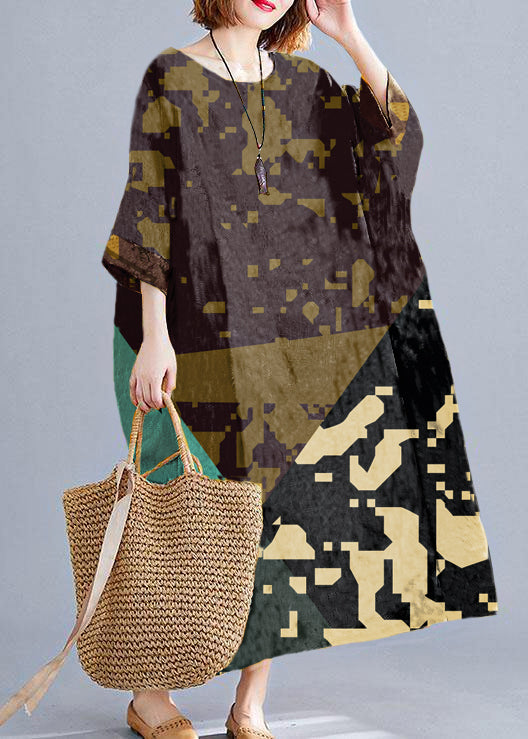 Diy O Neck Pockets Linen Cotton Dress Tunic Tops Gray Geometry Dresses