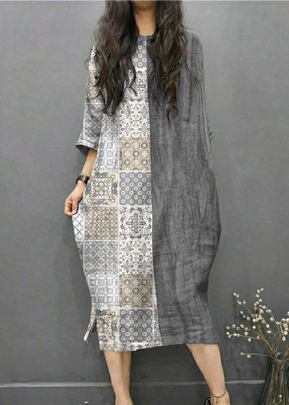 Gray Geometry O-neck Wrinkled Side Open Linen Long Dress Batwing Sleeve