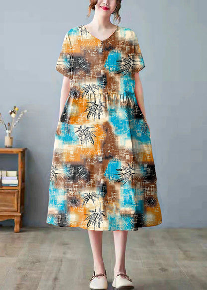 Yellow Leopard Print Bamboo Pockets Print O Neck Dress