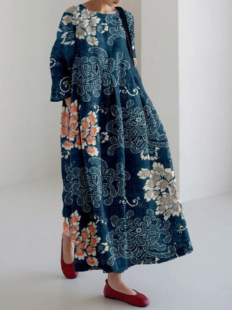 Comstylish Vintage Floral Pattern Linen Blend Maxi Dress