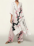 Japanese Cherry Blossom Ink Art Flowy Kaftan & Pants Set