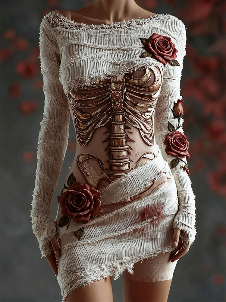 Comstylish Halloween Golden Skeleton Roses Bandages Comfy Mini Dress