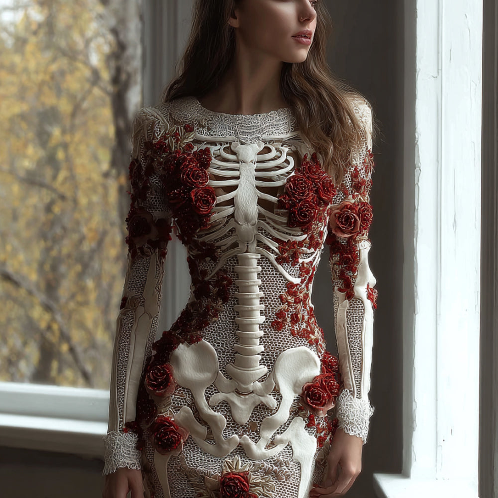 Comstylish Women's Halloween Skeleton Flower Embroidered Lace Long Sleeve Dress