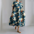 Comstylish Japanese Art Floral Crane Printed Loose Midi Dress