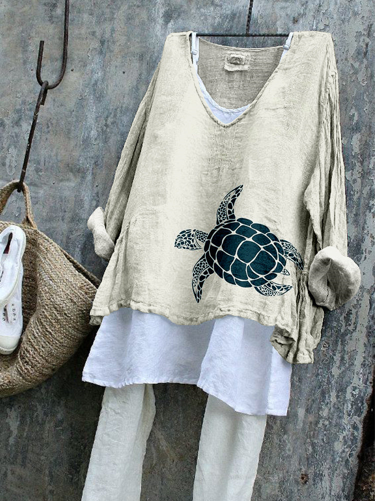 Comstylish Sea Turtle Art Linen Blend Flowy Tunic