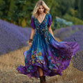 Vintage Purple And Blue Lavender Patchwork And Floral Embroidered Art Linen Maxi Dress artswardrobe
