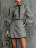 Gray Textured Mini Dress With Black Trim