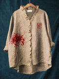 Japanese Art Floral Print Linen Blend Ruffled Shirt artswardrobe