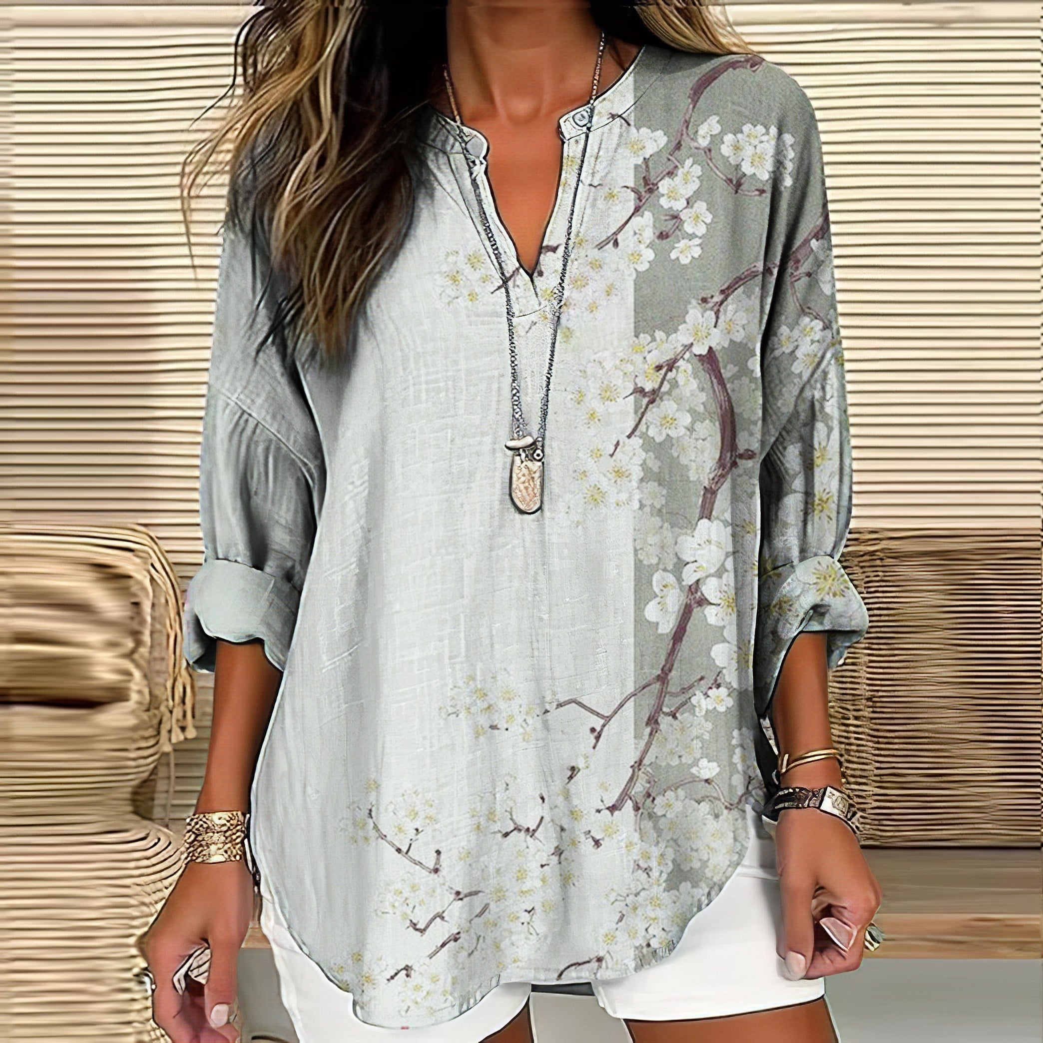 Comstylish Vintage Floral Art Printed V Neck Casual Shirt