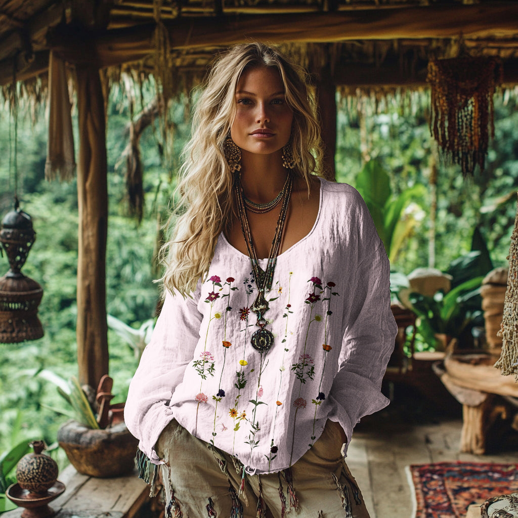 Comstylish Retro Bohemian Resort Floral Pattern Art Embroidery Print Cotton And Linen Blend Loose Blouse