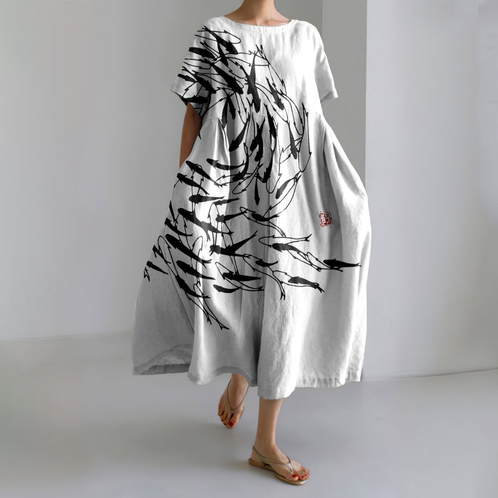 Comstylish Japanese Art Vintage Sea World Flock Of Fish Print Casual Art Linen Blend Maxi Dress