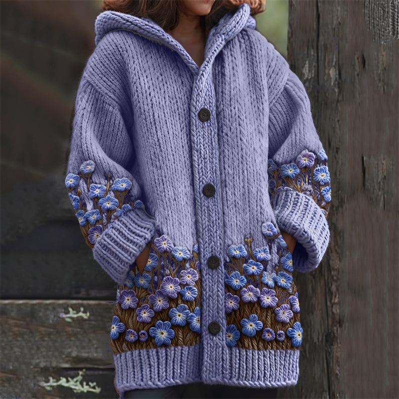 Comstylish Lavender Floral Crochet Cozy Chunky Knit Hooded Cardigan