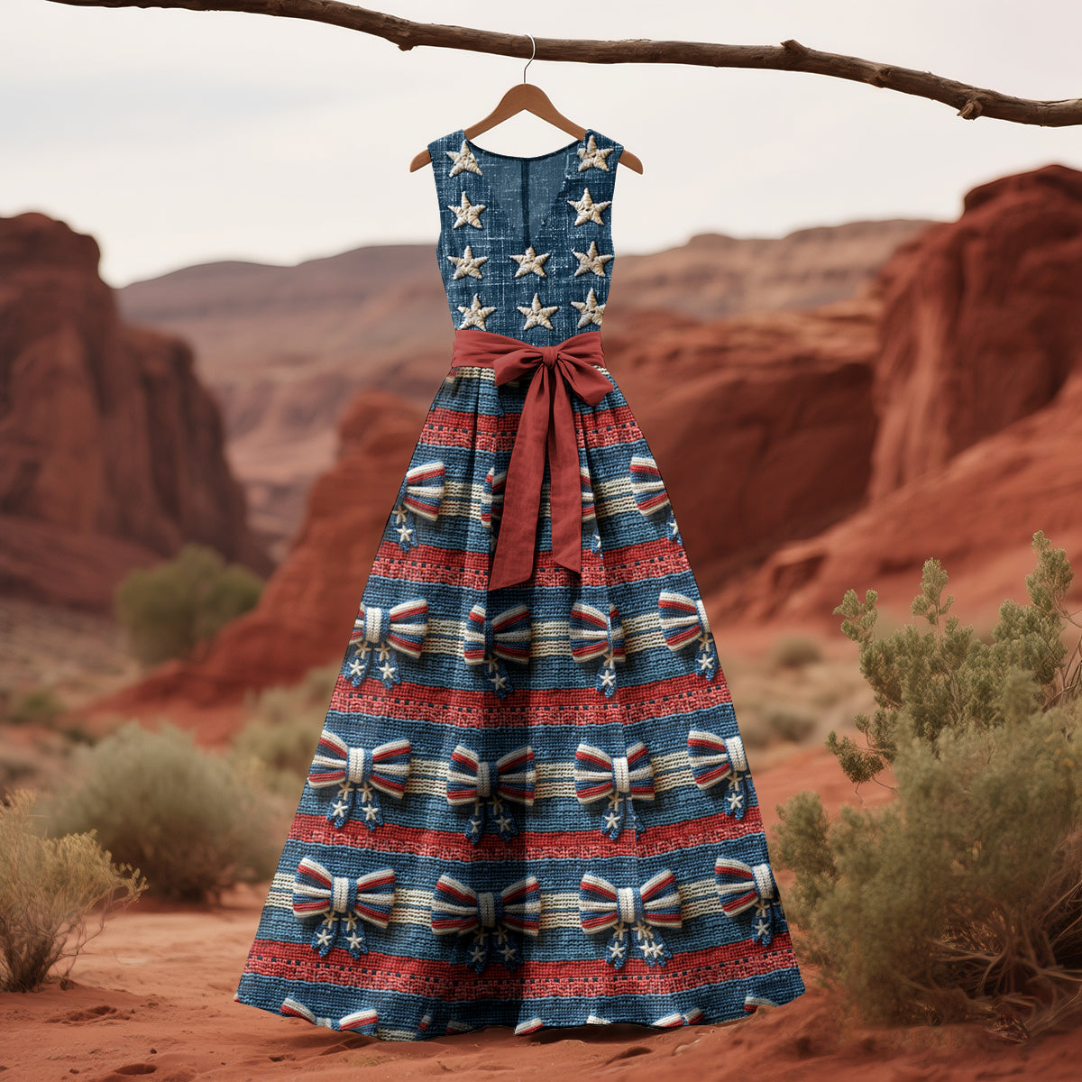 Women's Retro Independence Day Bow Print Sleeveless Dress artswardrobe