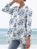 Women's Vintage Lovely Floral Art Print Casual Linen V-neck Shirt
