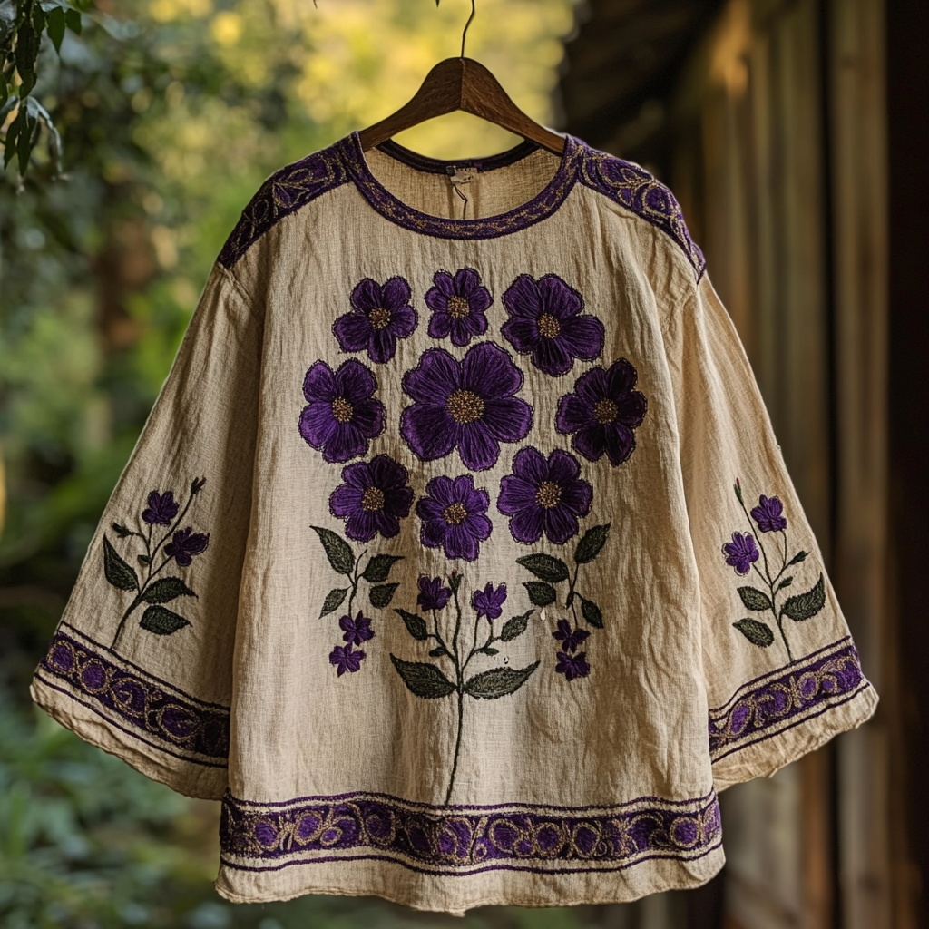 Purple Floral Embroidery Vintage Women's Linen Shirt artswardrobe