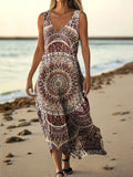 Women's Vintage Ethnic Floral Art Print Pocket Cotton Dress