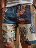 Western Bohemian Style Plant And Flower Pattern Retro Cotton And Linen Loose Men's Shorts artswardrobe