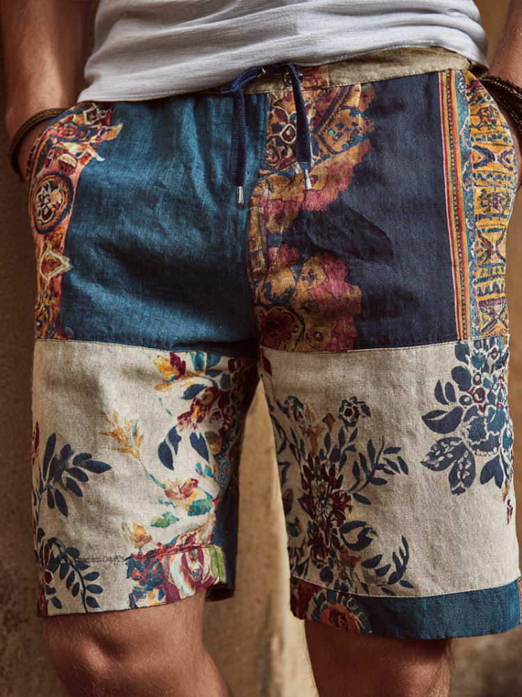Western Bohemian Style Plant And Flower Pattern Retro Cotton And Linen Loose Men's Shorts artswardrobe