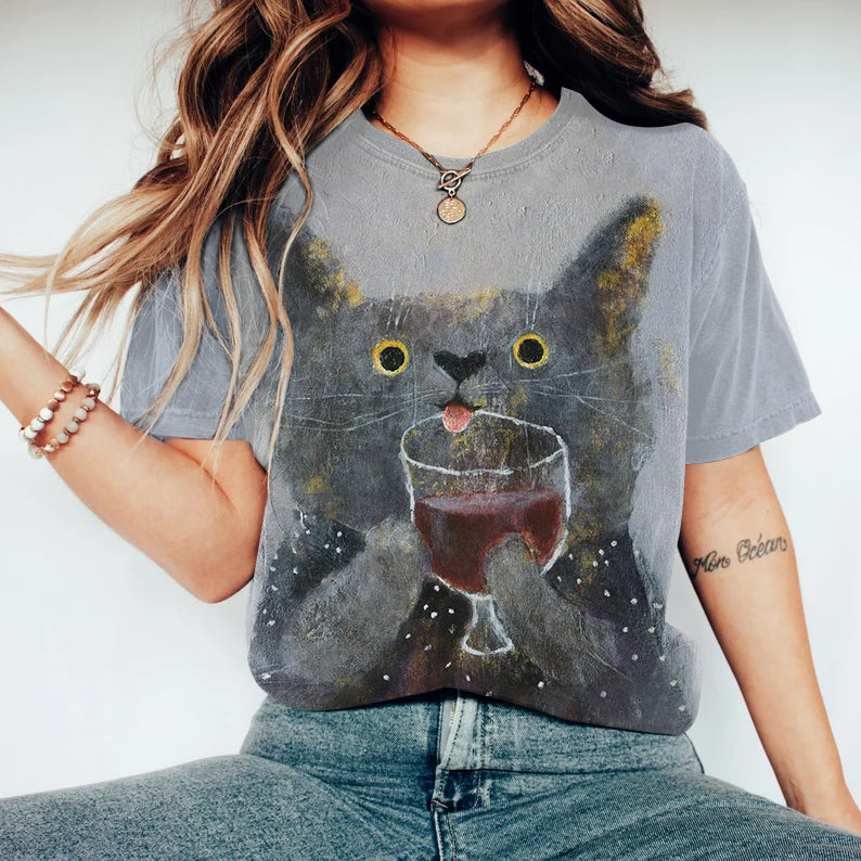 The Cat With Glass Of Wine Art Print Short Sleeve T-Shirt elevenforest