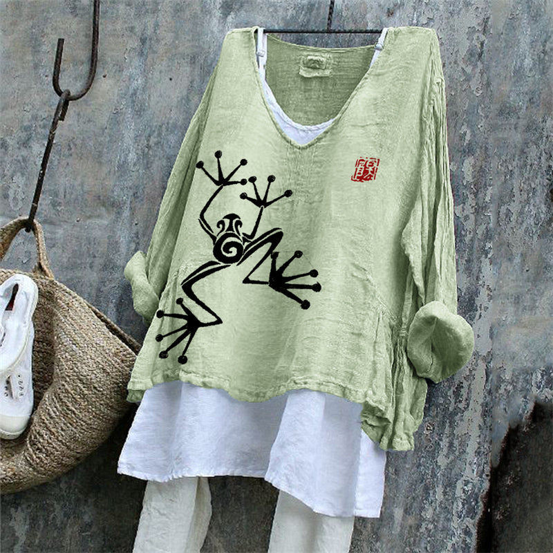 Comstylish Tree Frog Japanese Lino Art Linen Tunic