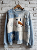 Comstylish Snowman & Snowflakes Colorblock Patchwork Washed Sweatshirt
