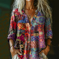 Women's Bohemian Floral Patchwork Print Cotton And Linen Shirt artswardrobe