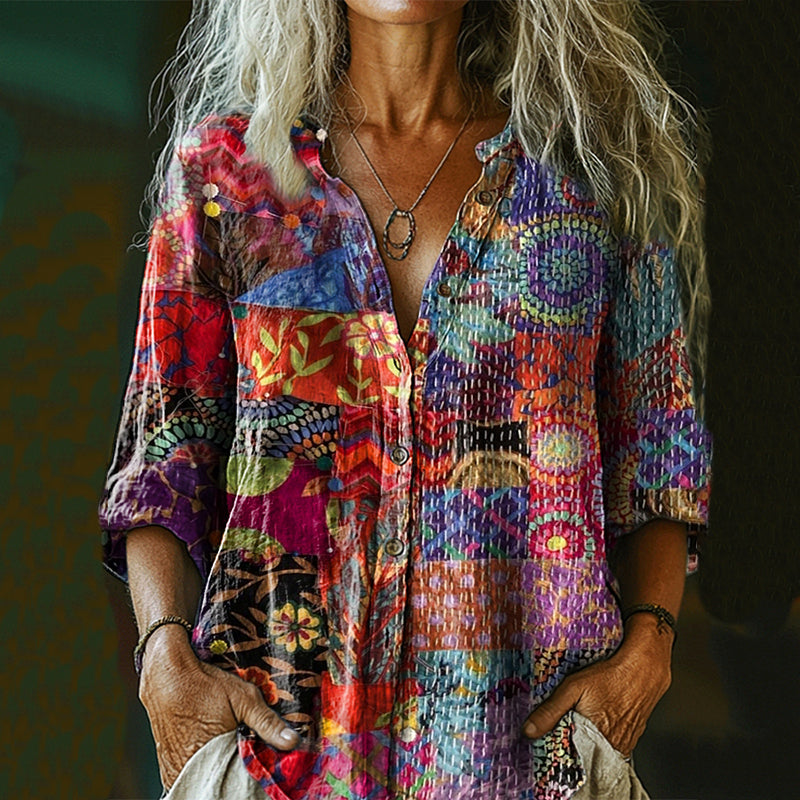 Women's Bohemian Floral Patchwork Print Cotton And Linen Shirt artswardrobe