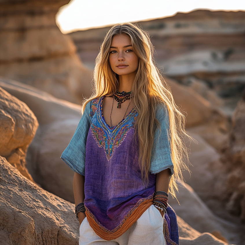 Vintage Bohemian Ethnic Floral Linen Art Print Short Sleeve V-neck Shirt artswardrobe