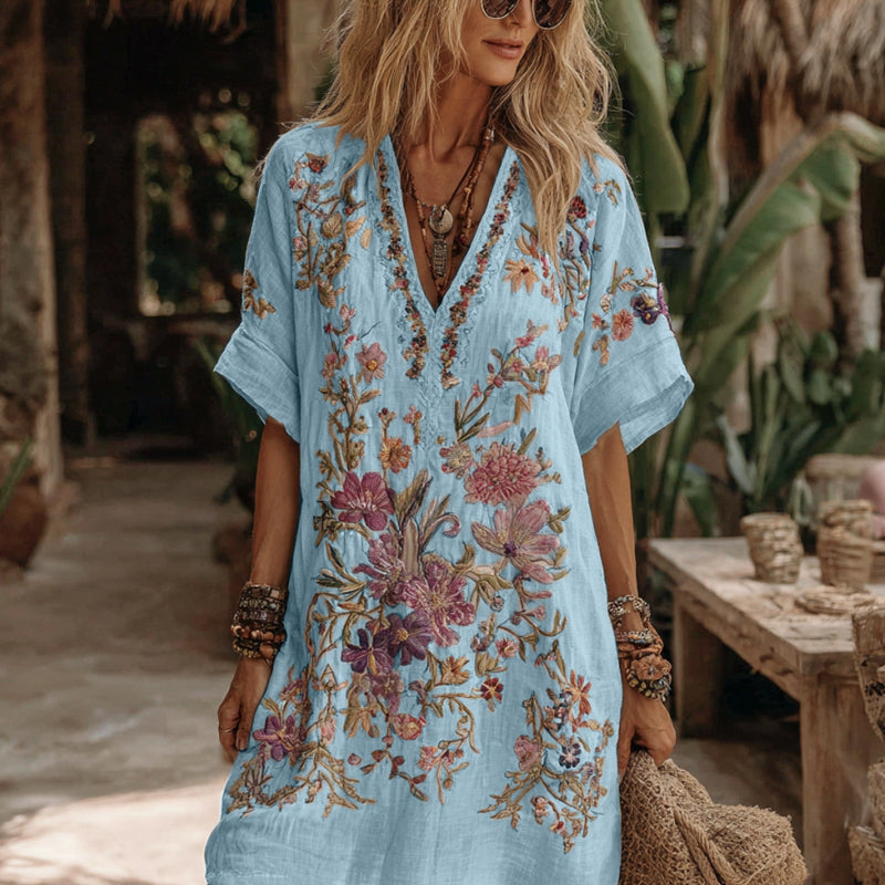 Comstylish Women's Floral Embroidery Art V Neck Comfy Midi Dress