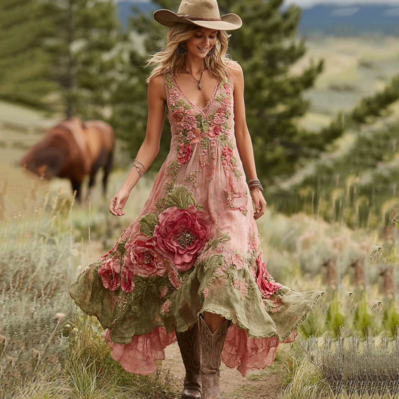 Vintage Rose Floral Embroidered Sleeveless Maxi Dress artswardrobe