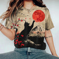 Black Cat Mount Fuji Sunrise Japanese Art T Shirt