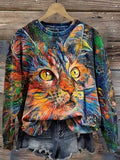 Autumn Winter Cute Cat Oil Panting Print Sweatshirt artswardrobe