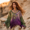 Comstylish Boho Floral Embroidery Patchwork Art Print Cotton And Linen Blend Loose Blouse