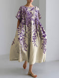 Comstylish Japanese Art Plants And Flowers Print Cotton Blend Dress
