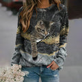 Women's Vintage Cat Print Crew Neck Sweatshirt elevenforest