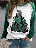Women's Meowy Christmas Tree Lantern Black Cat Print Sweatshirt artswardrobe