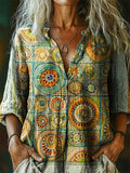 Women's Vintage Bohemian Patchwork Art Print Casual Cotton Linen Shirt