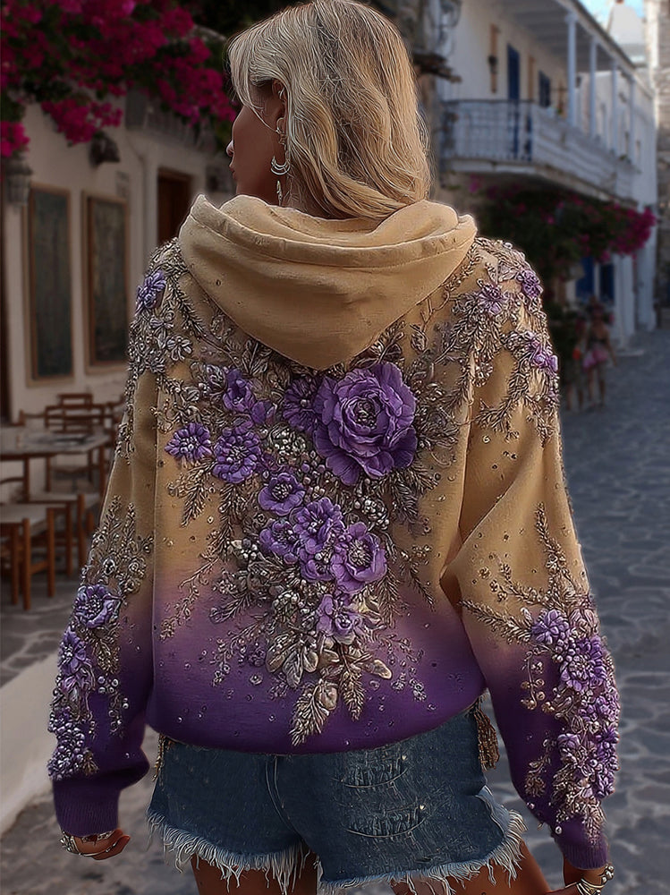 Women's Classic Rose Embroidery Art Comfy Hoodie artswardrobe