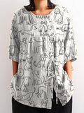 Women's Black and White Line Puppy Print Casual Cotton And Linen Shirt