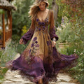 Comstylish Women's Purple Floral Pattern Casual V-neck Long Sleeve Dress